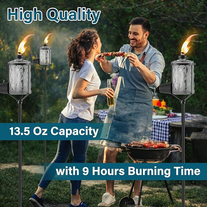 4 Pack Glass Torches, 13.5 oz Citronella Torches for Outside, Citronella Torches with 3-Prong Grounded Stake, Landscape Lanterns Torches for Garden, Patio, Party Decor (Gray)