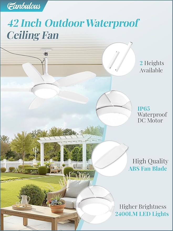 Fanbulous 42 Inch Waterproof Outdoor Ceiling Fan with Lights and Remote,IP65 Hanging Gazebo Fan with 3CCT 6-Speed DC Motor,White Wet Rated Plug in Ceiling Fan with Cord for Patios Porch Pergola