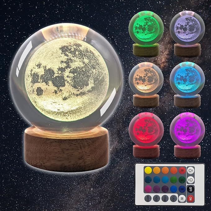 3D Moon Crystal Ball Night Light & Planet Lamp - 2.36" Glass Sphere, Automatic Color Change with 16 Colors & 4 Modes - Ideal Decorative Gift for Boy Girls Friends (3-Moon, 2.36" (Inch))