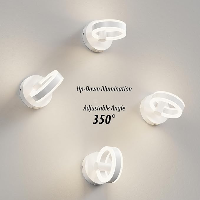 Wall Lamp LED Wall Sconce Rotatable Up-Down Sconces Wall Lighting with Built-in Switch and USB Charging Port 110 Volt AC Hardwired Wall Light (White)