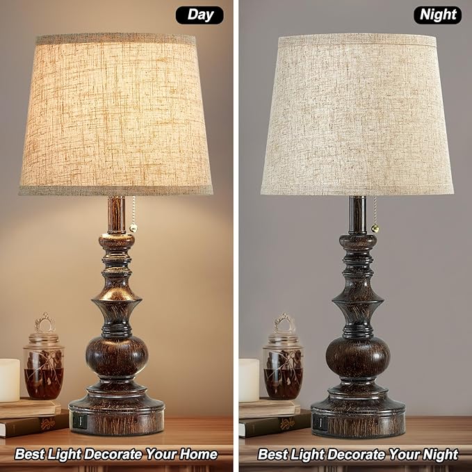22'' Farmhouse Bedside Table Lamps Set of 2 for Bedroom Nightstand Lamps with USB A+C Charging Ports Traditional Small Table Lamp for Living Room End Tables,Pull Chain,Bulbs Not Included
