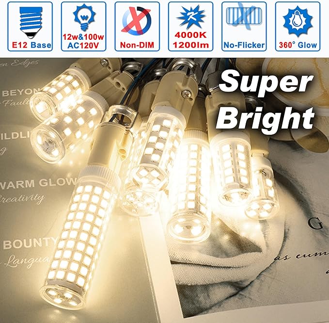E12 100w LED Bulbs Equivalent C7,4000K Natural White,1200 lm T6 E12 12W LED Candle Bulbs for Candelabra Ceiling Fan Chandelier Pendant Lighting Salt Lamp,Non-dimmable,2 Pack