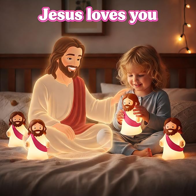 Jesus Night Light Rechargeable Bedside Night Light Dimmable Silicone LED Light Ideal for Religious Gatherings, Gifts for Sunday School, Baptism Presents, Easter Egg Decorations (Pink)