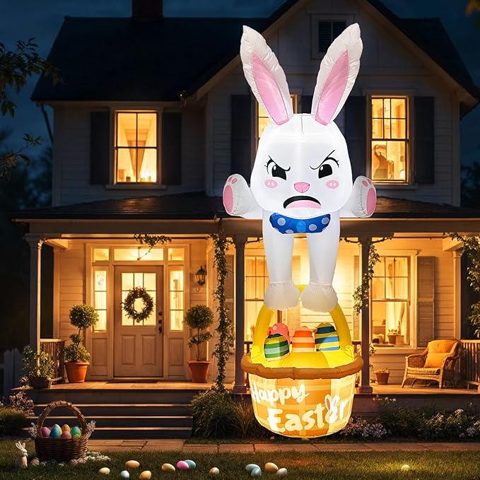 8FT Easter Inflatables Outdoor Decorations Climbing Inflatable Bunny Decor, Inflatable Bunny Basket with Eggs Decor, Easter Blow Ups for Outside Roof Yard Shop Lawn Fence