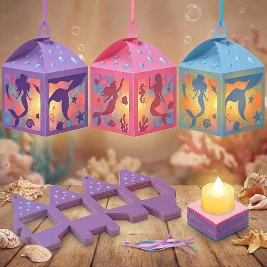 12 Sets Mermaid Lanterns Crafts with LED Candles Mermaid Tissue Paper Crafts Kits DIY Paper Lanterns for Party Decor Activities