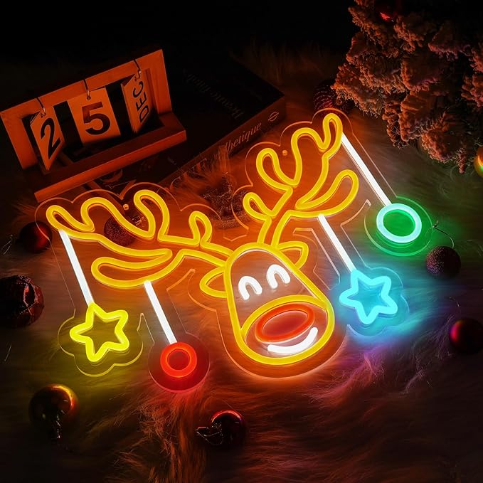 MissAudrey Christmas Elk Neon Sign for Wall Decor, Dimmable Led Christmas Window Lights, Merry Chrismas Deer Neon Sign Decorations for Bedroom Livingroom Winter Home Holiday Party Kids Gifts
