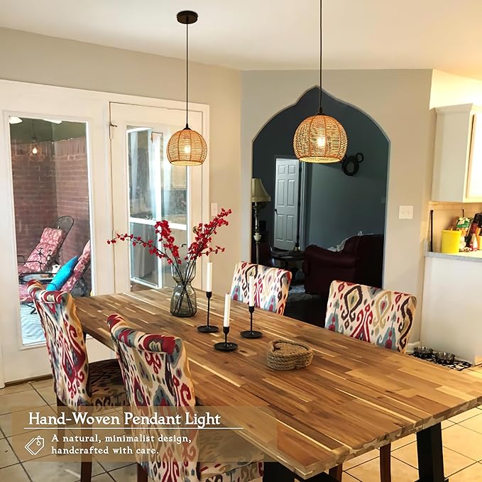 Mini Hemp Rope Woven Pendant Light Woven Light Fixture Boho Chandelier Light Fixture Wicker Pendant Light Rattan Light Pendant Dome Wicker Chandelier for Bedroom Kitchen Island(Bulb Incl.)