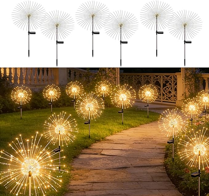 Solar Firework Lights for Outside, 150 LED 8 Modes Fireworks Solar Fairy Lights Outdoor Flowers for Garden Yard Patio Pathway Wedding Christmas Diwali Easter Party Decor Warm White(6 Pack)