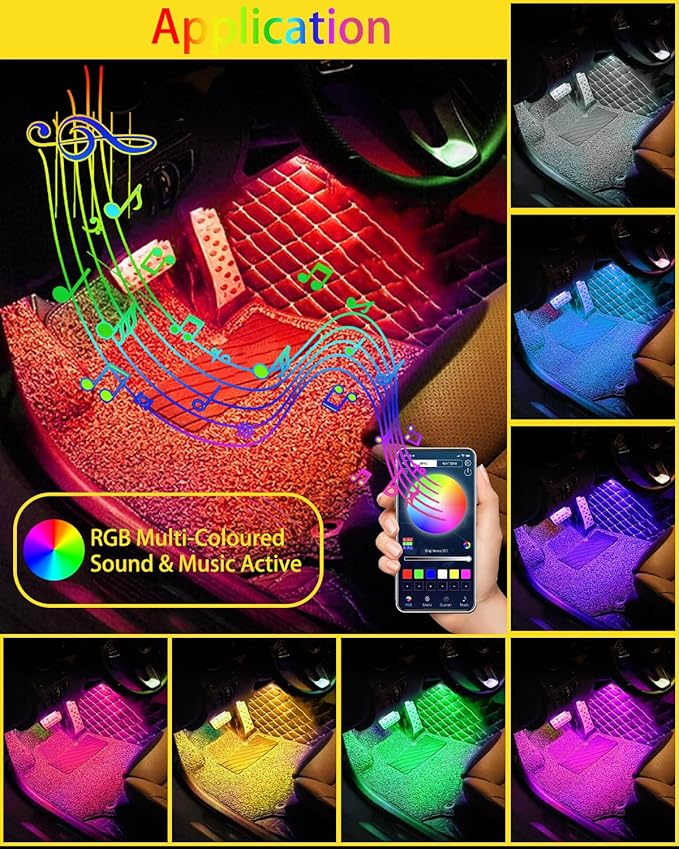 Car LED Interior Lights，RGB Decorative Mood Lighting for Car Foot Ambient Lighting ，APP Control Music Sound-Activated Car LED Strip Light Accessories，USB Decoration Atmosphere Lights