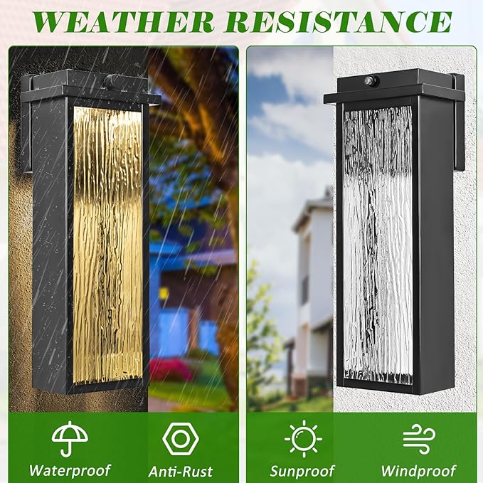 16" Black Dusk to Dawn LED Outdoor Wall Light, Large Exterior Lighting Fixture, Modern Outside Wall Mounted Porch Sconce, Waterproof Patio Lantern Lamp with Sensor, 1 Pack