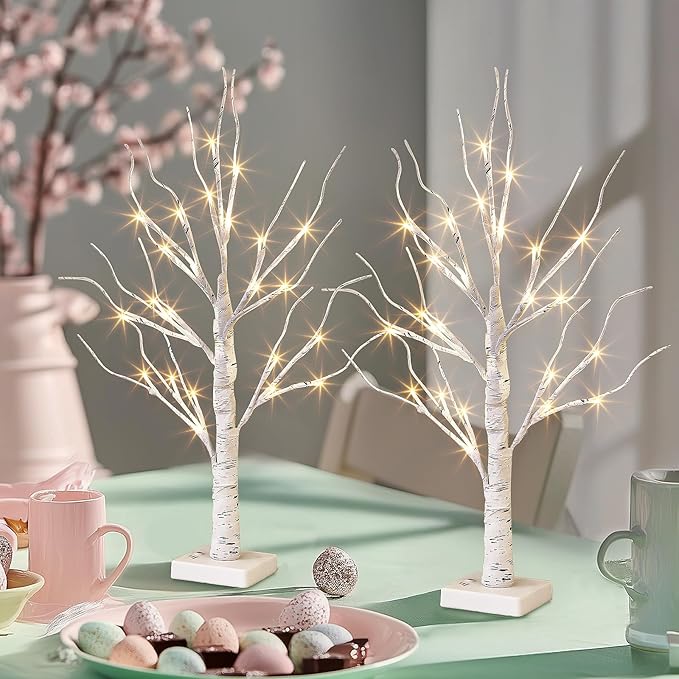 PEIDUO Easter Decorations, 2FT Birch Tree with LED Lights, Warm White Light up Tree Lamp, Easter Tree for Home Table Inside, Easter Decor Indoor, Battery Powered, Timer (2PK)