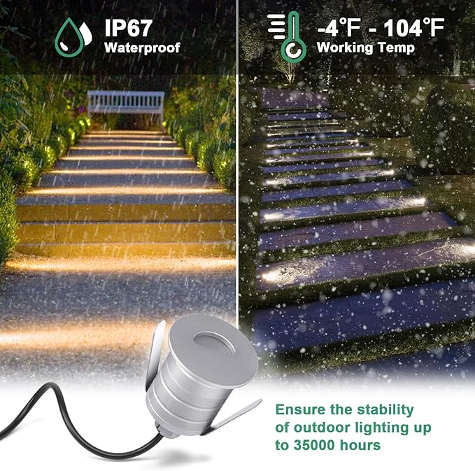 Recessed LED Deck Step Lights, 12V AC/DC 3000K LED Low Voltage Landscape Lighting, IP67 Waterproof 1W Mini In-ground for Garden, Lawn, Yard, Stair, Patio