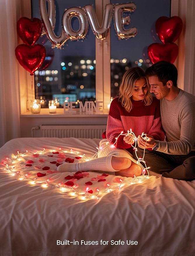 Hopolon Christmas Mini Lights, 2 Pack 13 FT 50 Count Plug in Christmas Tree Lights, 120V Waterproof Connectable White Wire String Light Set for Indoor Outdoor Valentines Day Wedding Decor Red & Clear