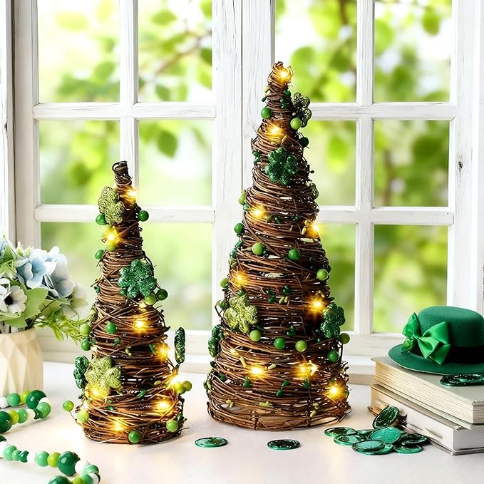 Soulchen 2 Pcs St. Patrick's Day Rattan Cone Tree Table Centerpieces Decorative Rattan Table Tree with Shamrock and Berries LED Lights for Irish Home Shelf Festival Indoor Outdoor Party Decoration