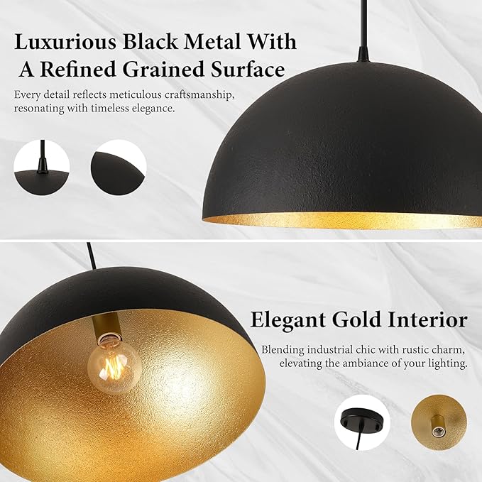 Industrial Pendant Lighting for Kitchen Island, 20 Inch Black and Gold Metal Dome Pendant Light Fixtures, Hemispherical Hanging Ceiling Light E26 Base for Reading Dining Room Foyer Cafe