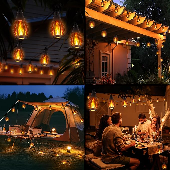 iBaycon Solar Flame Lights, 42Ft 15 LED Bulbs Flickering Flame String Light, Outdoor Waterproof Solar Flame Lights for Garden Yard Lawn Patio Decorations (Warm White)