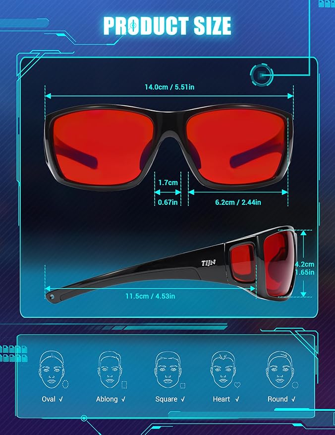 TIJN Sonia Sleep Glasses for Blue & Green Light Blocking,Red Lens with Dual AR Coating,Wraparound Frame for Gaming Screen