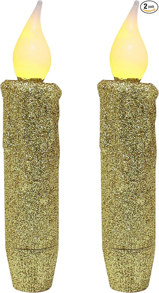 CVHOMEDECO. Glitter Flameless Candles Flickering Battery Operated LED Taper Candles with Timer for Home, Wedding, Halloween, Christmas Decor. Gold, 4-3/4 Inch, Set of 2