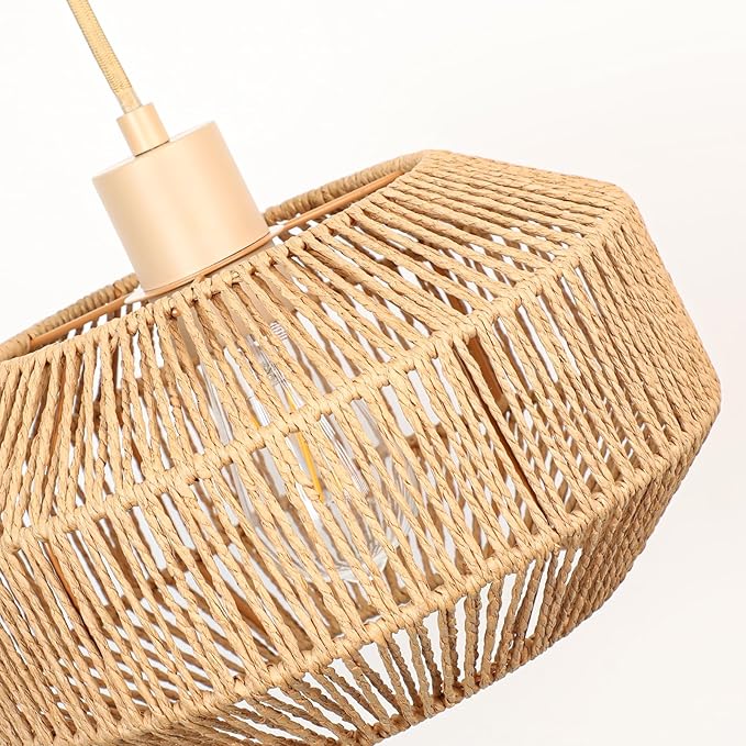 Rattan Pendant Light Plug in - 15ft Hanging Lamp Cord with Switch, Boho Hanging Light Fixture, Handwoven Boho Lamp for Living Room, Bedroom, Kitchen Island, Hallway (3 Brightness Levels)