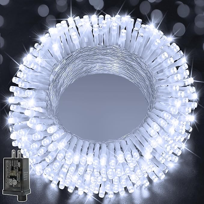 Ollny Christmas Lights 200LED 60FT Indoor, Cool White Connectable Plug in String Light Outdoor, 8 Modes Waterproof Timer LED Fairy Lights for House Outside Bedroom Patio Balcony