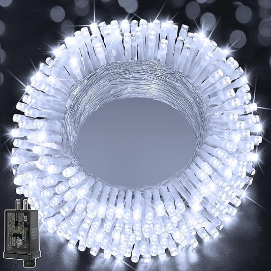 Ollny Christmas Lights 200LED 60FT Indoor, Cool White Connectable Plug in String Light Outdoor, 8 Modes Waterproof Timer LED Fairy Lights for House Outside Bedroom Patio Balcony