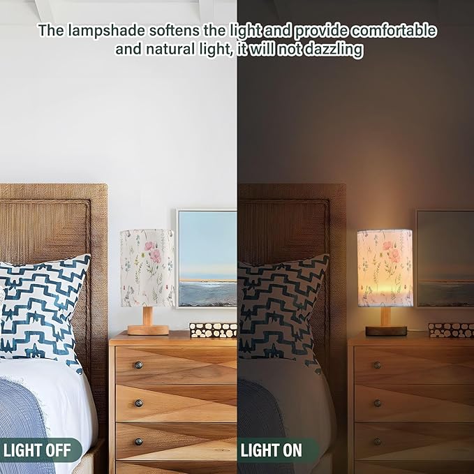 Wildflower Pink Poppy Flower Bell Leaves Butterfly Dragonfly Table Lamp with Wood Base Fabric Lamp Shade Bedside Nightstand Desk Lamp for Living Room Bedroom Kids Room Office