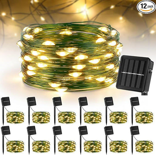 12 Pcs Solar String Lights Solar Mini Teeny Tiny Fairy Firefly Twinkle Light Waterproof 16ft 50 LEDs Garden String for Outdoor Garden Backyard Christmas Decoration(Green Wire)