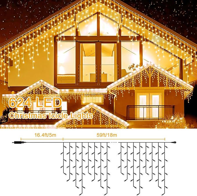 Icicle Lights for Outside,75ft 624 LEDs Warm White Christmas Light Outdoor,8 Modes,Timer,Plug in Waterproof Twinkly Icicle Lights for Eaves Yard Party House Holiday Christmas Decoration