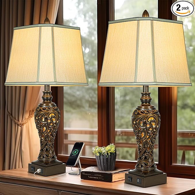 28.5" high Vintage Brown Table Lamps Set of 2 - Bedside Lamp with Faux Silk Shades - for Bedroom and Living Room with USB and Nightlight - Perfect for Nightstands and Bedrooms (Bulb Included)