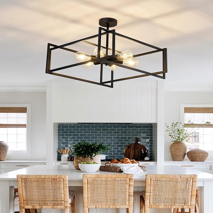 ZGLAOJT 6-Lights Close to Ceiling Light 22.83 Inch Black Light Fixture Industrial Flush Mount Ceiling Large Farmhouse Chandelier Lighting for Kitchen Island Dining Room Bedroom Foyer Hallway