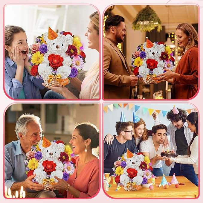 Birthday Cards with MUSIC & LIGHTS, Happy Birthday Card, Bear & Daisy, 10 Inch Life Sized Forever Flower Bouquet 3D Pop Up Greeting Card for Wife Mom Daughter Grandma Women