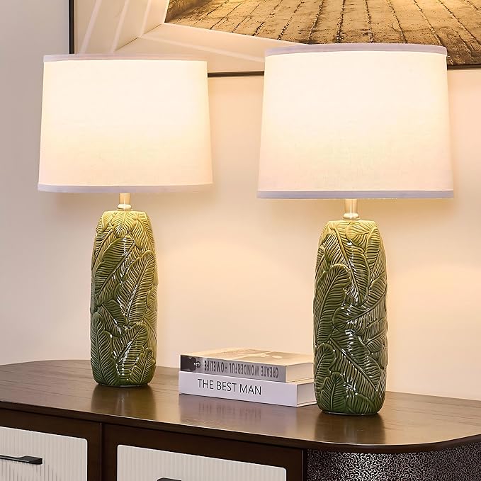 25” Green Lamps Set of 2 with Leaves Design for Living Room, Bedroom, Retro Ceramic Table Lamps for Nightstand Set of 2