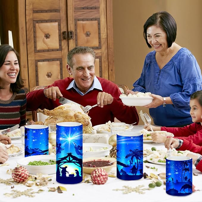 Tiamon Christmas Nativity Scene Candles LED Religious Theme Flameless Candles Battery Operated LED Warm Light Flickering Pillar for Xmas Holiday Table Decorations (Romantic)