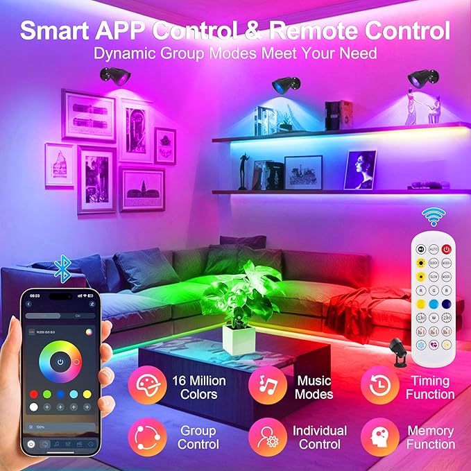 T-SUN Uplights Indoor with APP and Remote, RGBCW Spotlights with Timer and Dimmable, Grounp Control, Uplighting, Display Lights for Plant Painting, Party, Artwork, Tree, Home