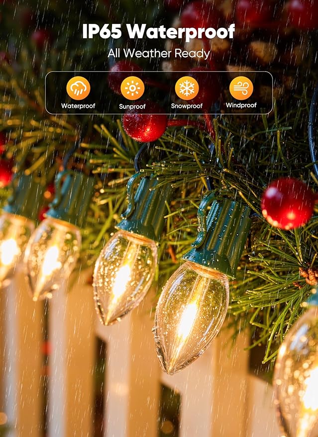 Vintage C9 LED Christmas Lights, 100 Feet C9 String Lights with 100 LED C9 Plastic Bulbs, Waterproof Connectable Lights for Christmas Tree Roofline Garden Patio Backyard Cafe Decor, Warm White