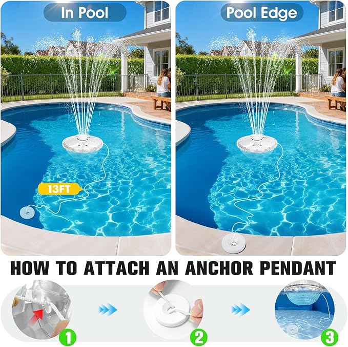 Rechargeable Pool Fountain with Remote,8000mAh Floating LED Pool Fountain with Light,Above Ground Pool Water Fountain Pump,Outdoor Swimming Pool Sprinkler Fountains for Inground Pools Fountain-White