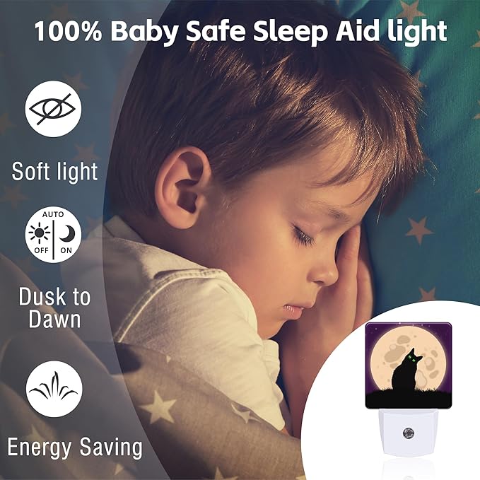 Halloween Spooky Black Cat Night Light Plug into Wall, Cat sit on Moon Dusk to Dawn Night Light,0.5w Energy Saving Sleep Friendly Nightlights for Kids Boys Girls Home Decor