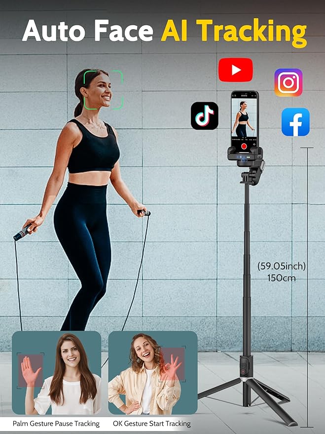 AOCHUAN Auto Face Tracking Tripod 360 Rotation w/Stand,Selfie Stick Tripod for iPhone Android w/RGB Light,Remote Control,Phone Stand Follow You for Video Recording for TikTok Vlogging(M2Pro Black)