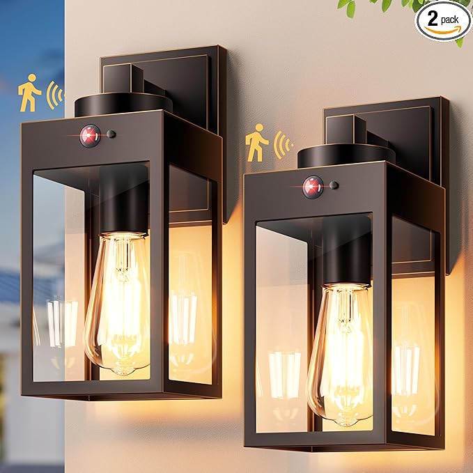 Gleamz Motion Sensor Outdoor Garage Lighting Fixtures, Oil Rubbed Bronze Gold Trim Farmhouse Exterior Porch Lights Wall Mount with Tempered Glass, Waterproof Outdoor Wall Lantern for House, Front Door