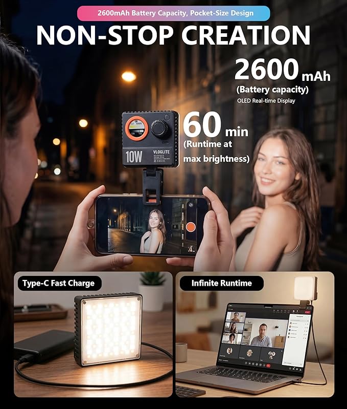 10W Ultra Bright Video Light, Portable LED Camera Light with 1200 Lux, 1800K–9000K Bi-Color, 360° Full Color, Phone Clip, Cold Shoe, On-Camera RGB Selfie Light for Photography, Video, Vlogging