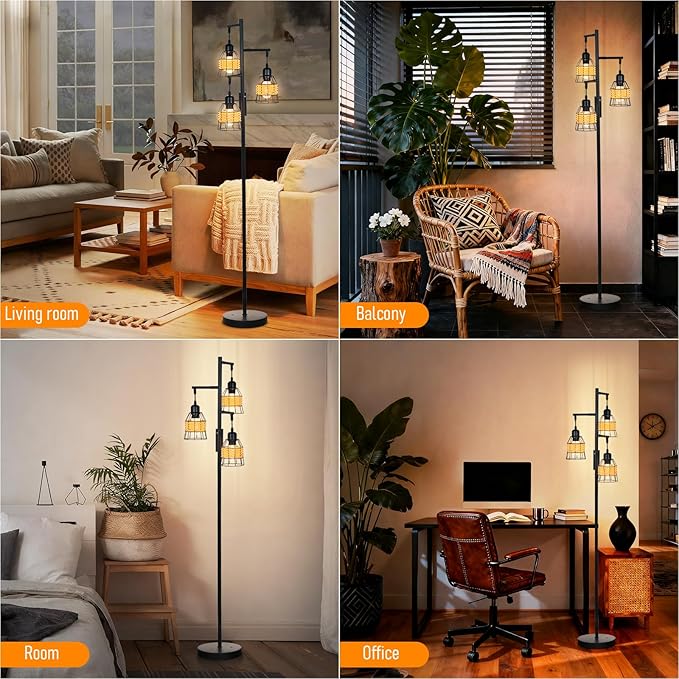 Rattan Boho Rechargeable Cordless Floor Lamp with Remote Dimmable 3 Bulb Edison E26 Brown Warm Light Vintage Standing Lamp for Bedroom,Outdoor,Living Room Rustic,Patio,Farmhouse,60.6" Black