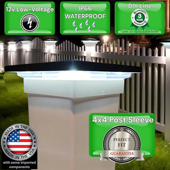 DekLights® DIY Line LED Lighted Post Cap for 4x4 Deck/Fence Posts. Wired 12volt Low Voltage with Replaceable LED Light Bulb. for Your Vinyl or Composite railings. Made in USA (B&W Cap 6000k Bulb)