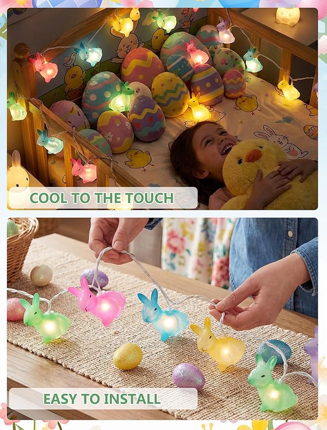 Easter Rabbit String Lights, 8.5ft 10 Count Multicolor Bunny Lights White Wire, UL Certified Connectable, Cute Easter Decorations for Home Indoor Outdoor Spring Party