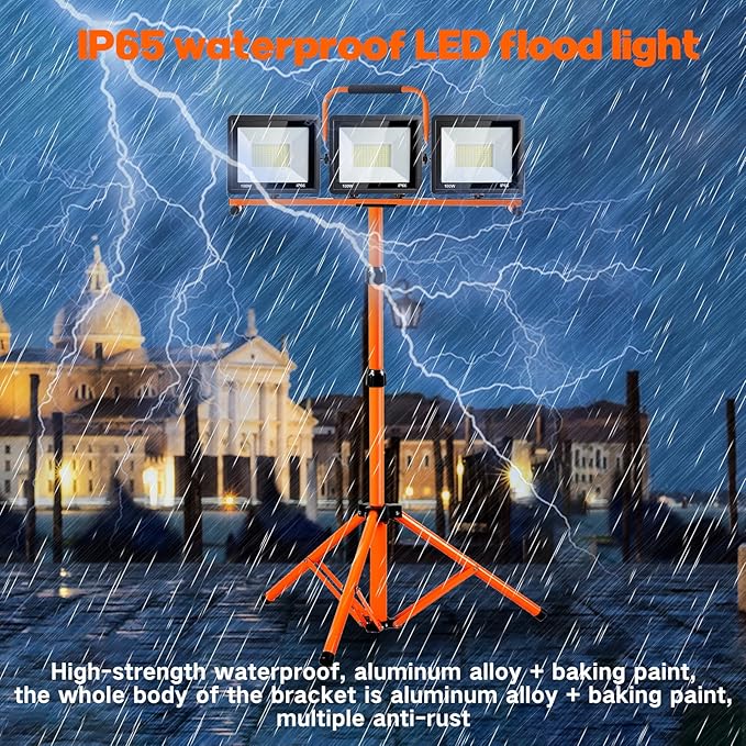 21000 Lumen Work Lights with Stand, 3 Adjustable Head LED Work Light, with Adjustable and Foldable Tripod Stand, Waterproof Lamp with Individual Switch with 6500 Kelvin Color Temperature