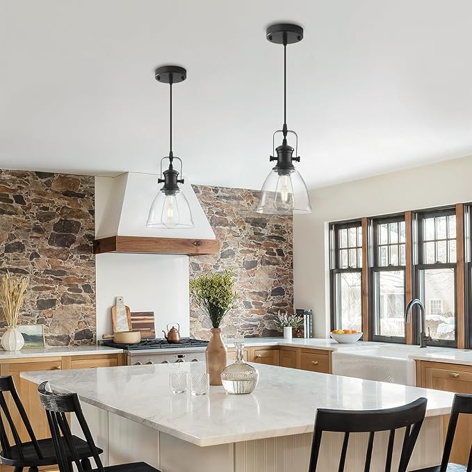 Black Pendant Lights Kitchen Island 2 Pack, Farmhouse Pendant Light, Industrial Clear Glass Pendant Light, 6.5 inches Kitchen Pendant Lighting Over Island Sink Dining Room