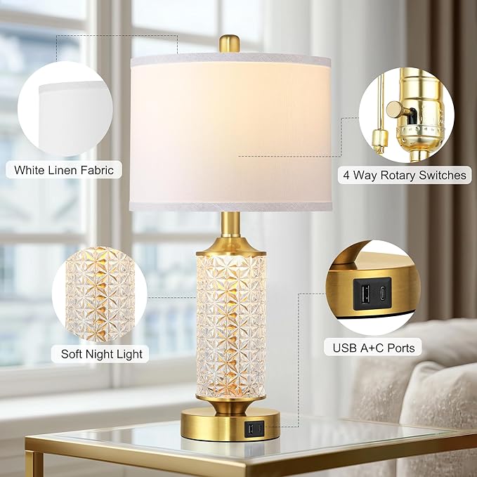 QiMH Set of 2 Table Lamps with USB A+C Ports, Modern Bedside Lamp with LED Night Light, Bedside Lamp for Bedroom, Nightstand Lamps for Living Room Office (Gold)(2 Bulbs Include)