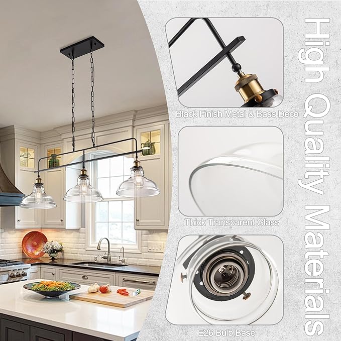 Industrial Glass Kitchen Island Lighting Vintage 3-Lights Glass Pendant Light for Kitchen Island Rustic Farmhouse Black Chandelier for Dining Room, Living Room, Bar, Over Table