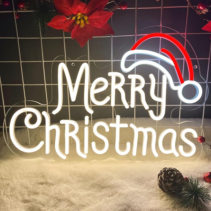 Merry Christmas Neon Signs, Warm White Christmas Neon Light with Santa Hat,USB Powered Dimmable LED xmas Lights Sign for Bedroom Home Living Room Party New Year Festival