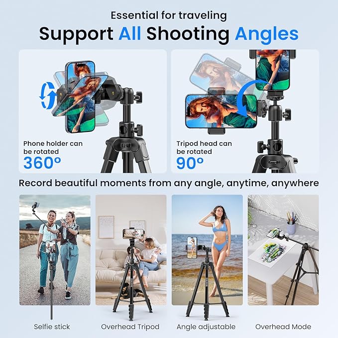 70" Phone Tripod & Selfie Stick, Horizontal Overhead Tripod, Extendable Camera Cell Phone Tripod Stand with Wireless Remote and phone Holder for Filming Video Recording Live Stream