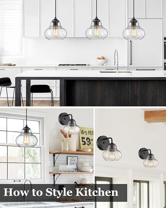 ELYONA 8 Inch Globe Pendant Light Bubble Glass Industrial Kitchen Island Hanging Pendant Light Fxiture Modern Hand Blown Seeded Glass for Farmhouse Dining Room Bar Bedroom Living Room Black
